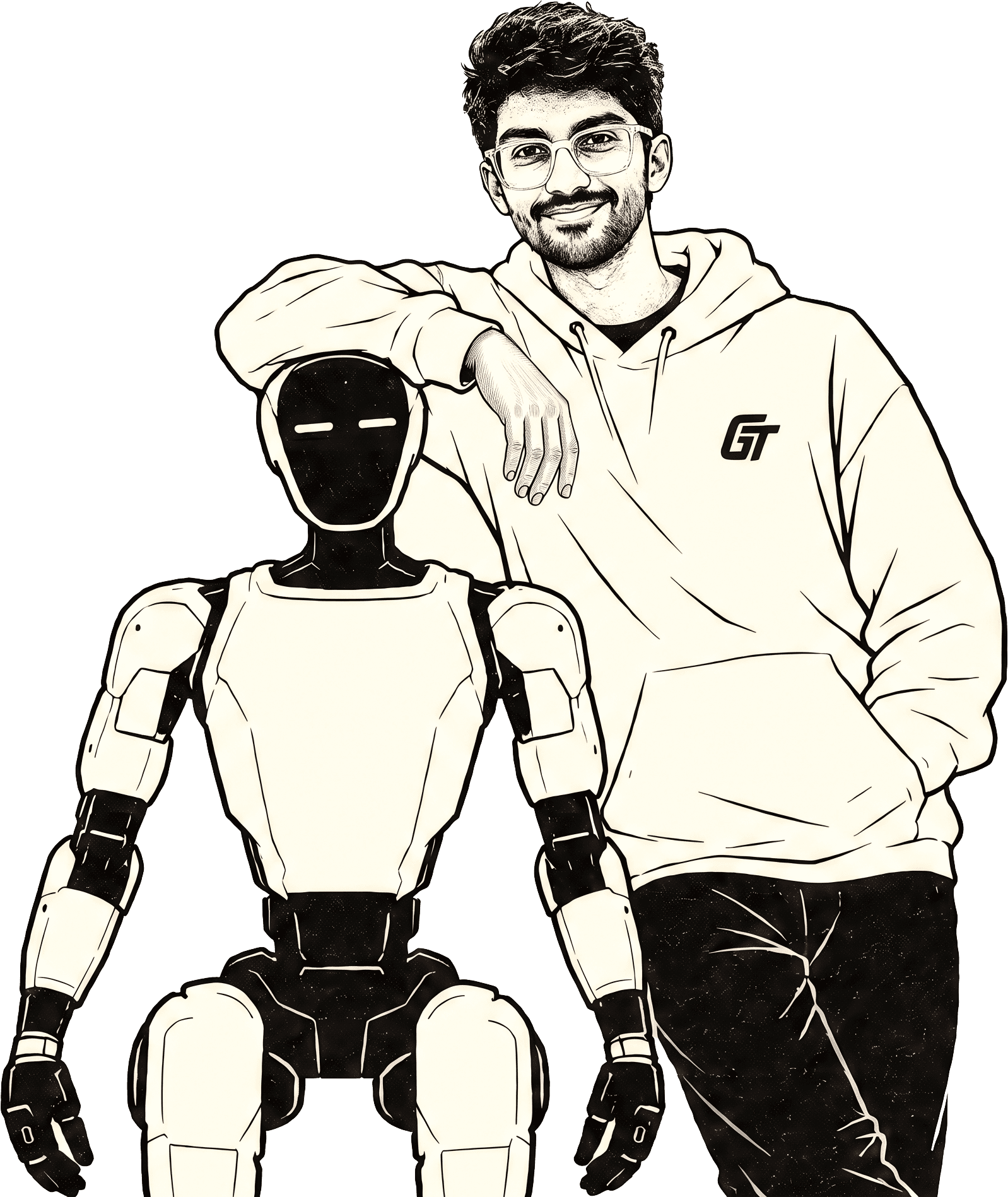 Illustration of Gathin T leaning on a humanoid robot